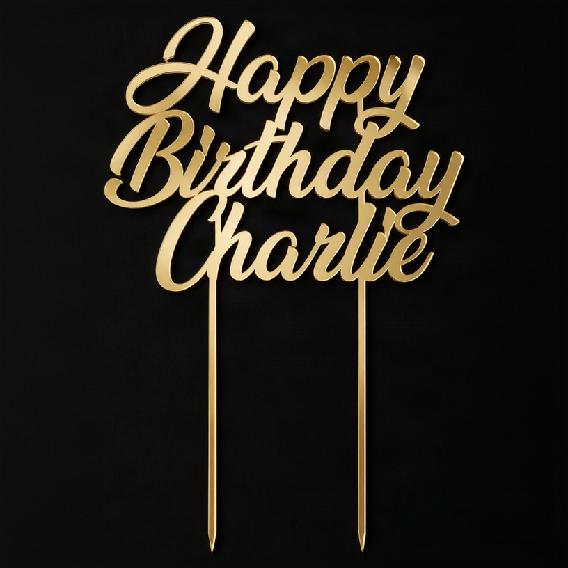 Personalised Happy Birthday Name Cake Topper – Gold or Silver Mirror Acrylic