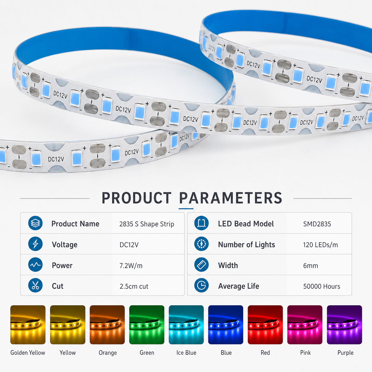 Coloured S Shape 2835 SMD LED Strip 120LED/m 6mm Width